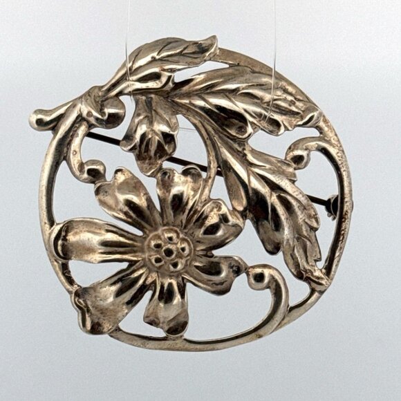 Estate Danecraft Sterling Silver 925 Floral Leaf Round Brooch Pin 54mm 16.8g - Picture 1 of 8
